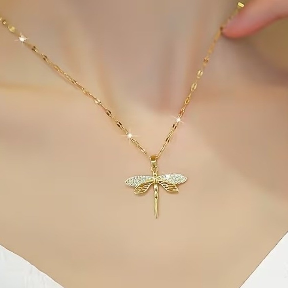 Gold Tone Stainless Steel Dragonfly Pendant Necklace Cubic Zirconia‎